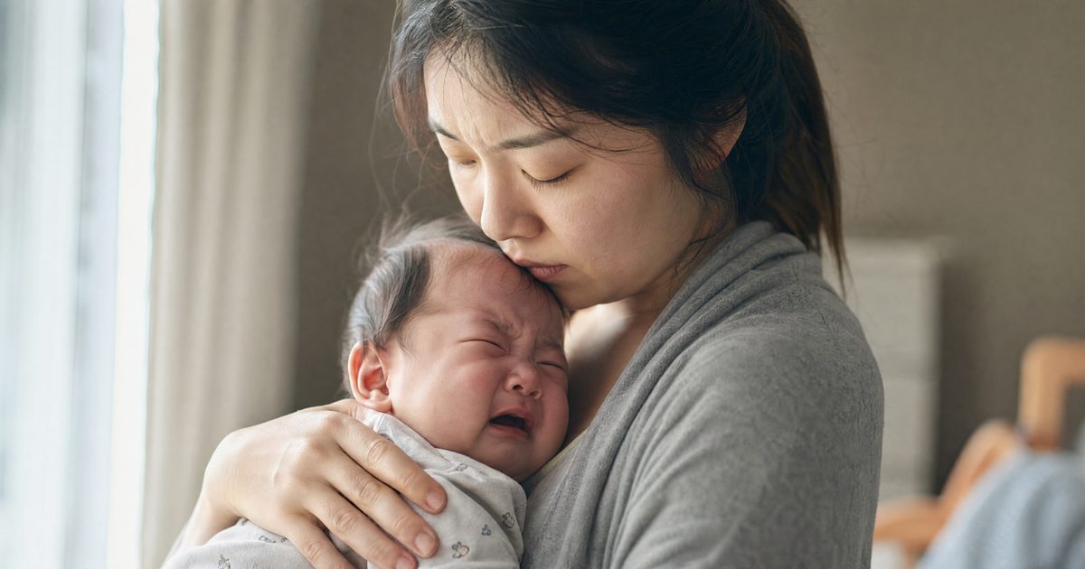 Tired parent calmly holding a crying baby in a softly lit room