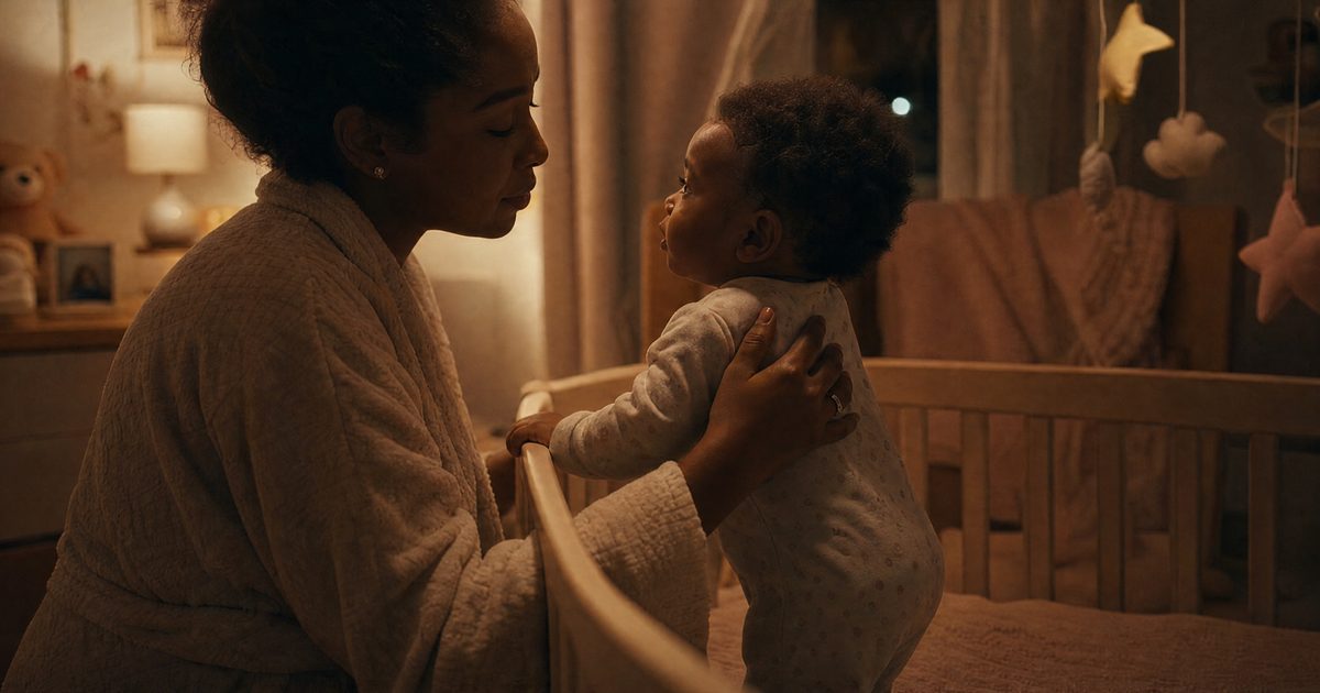 Tired parent soothing an awake baby at the crib at night in soft light
