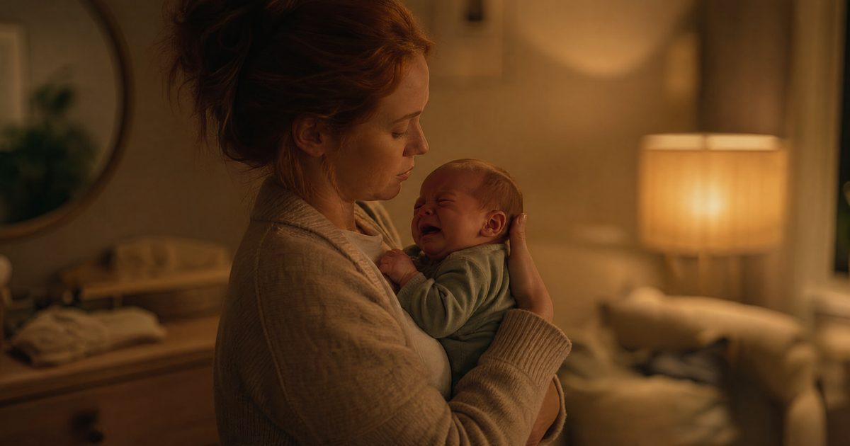 Father rocking his crying newborn in soft evening light